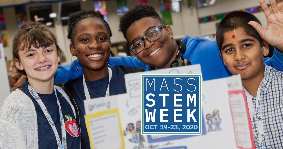 group of students and logo of MASS STEM WEEK 2020