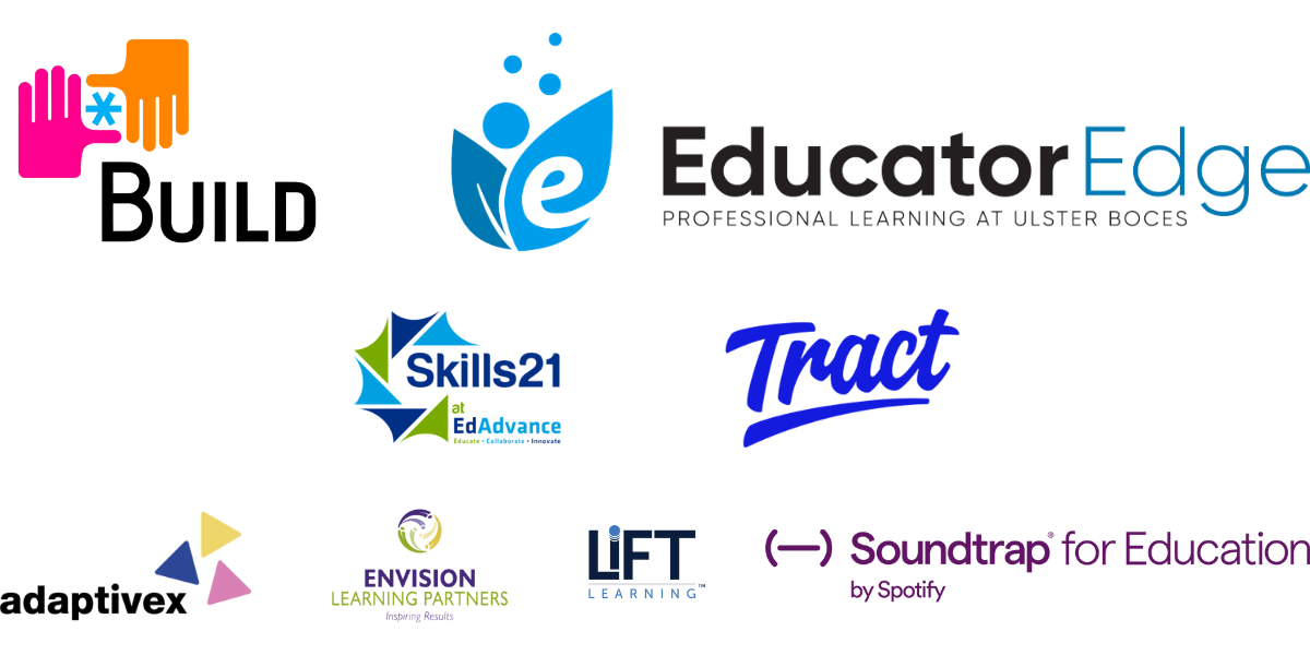 Graphic of sponsor logos. Sponsors include, BUILD, Educator Edge, Skills21, Tract, Adaptivex, Envision Learning Partners, and Soundtrapt by Spotify