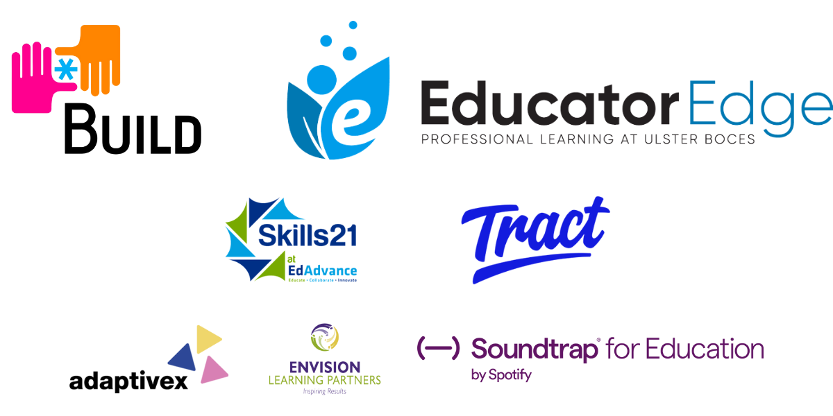 Graphic of sponsor logos. Sponsors include, BUILD, Educator Edge, Skills21, Tract, Adaptivex, Envision Learning Partners, and Soundtrapt by Spotify