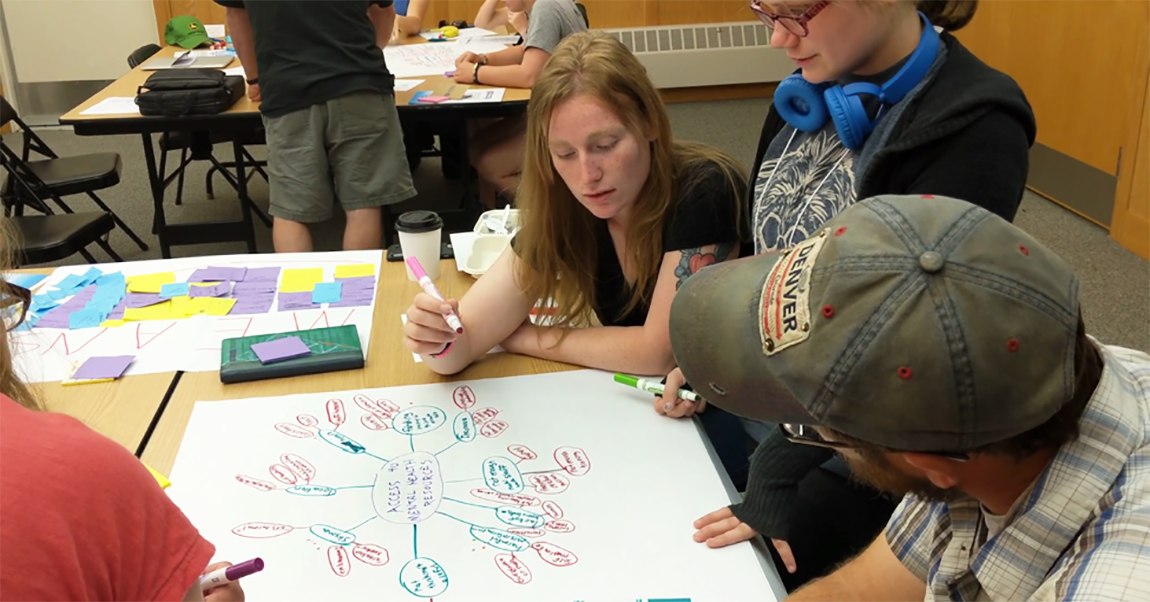 Middle School students working on brainstorming work in a project