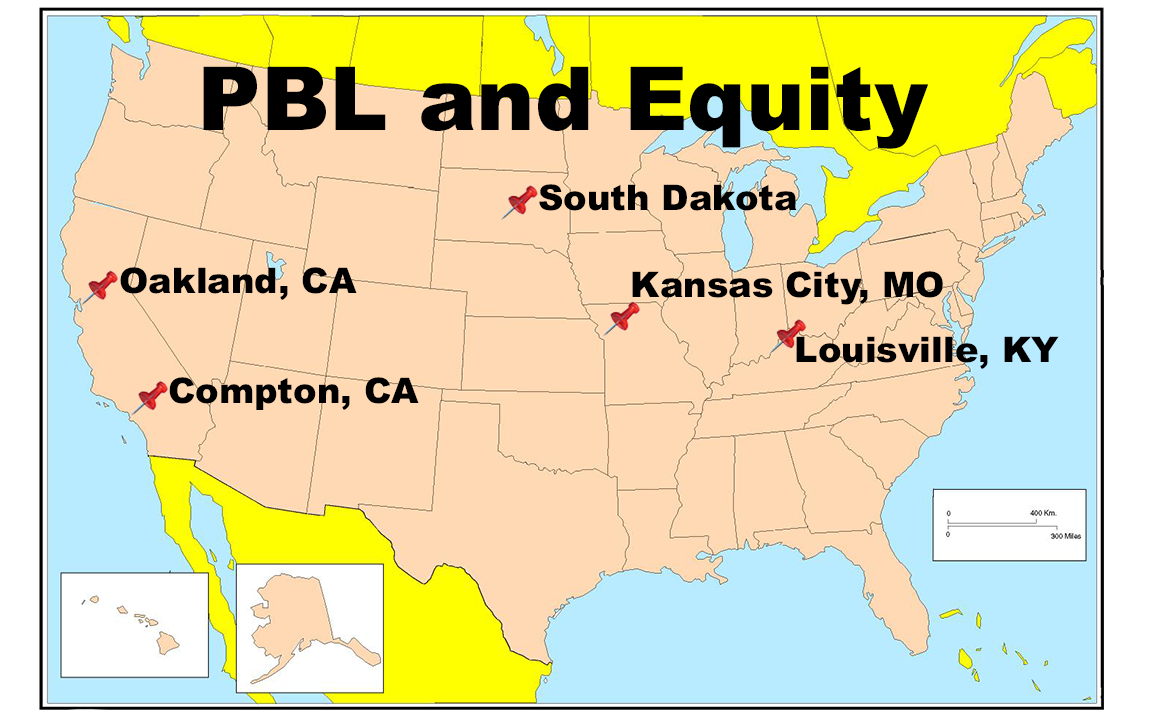 map of US titled PBL and Equity. The following cities are pinned: Louisville, KY, Kansas City, MO, South Dakota, Oakland, CA, Compton, CA