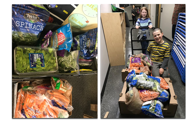 children with a cart full of produce