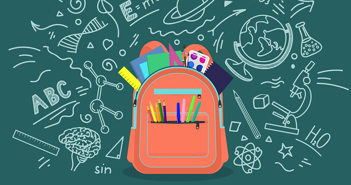 illustration of backpack with supplies and doodles of information