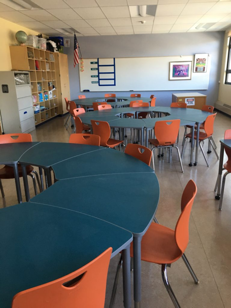 View of the classroom. desk in several circles