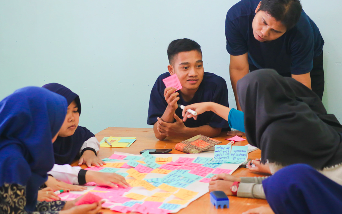 group of students talking with post its