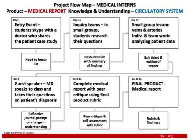 a project flow map for medical interns. The product is Medical Report. The Knowledge and Understanding is Circulatory System