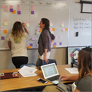 two teachers brainstorming at white board