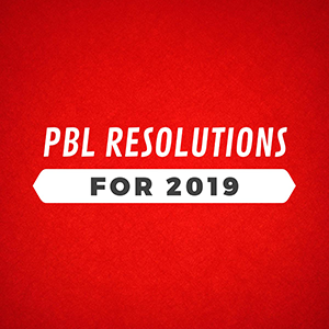 red square with the following text printed inside "PBL Resolution 2019"