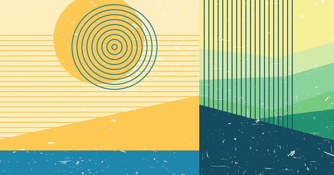 abstract illustration of sunshine, beach, and green grass