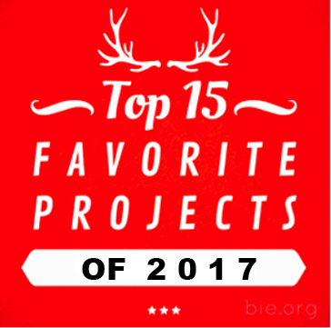 Red square with the following text on top "Top 15 favorite projects of 2017"