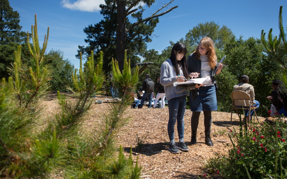 Student and teacher work on project outdoors