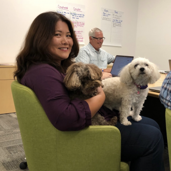 staff member in chair with dog in lap
