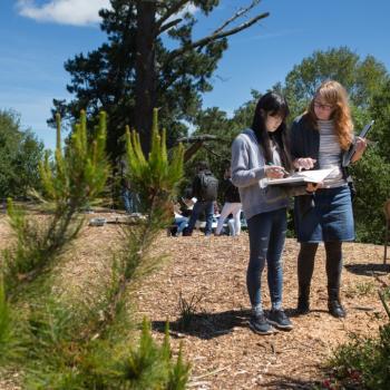 Student and teacher working on project outdoors