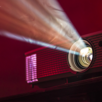 an overhead projector in a dark room