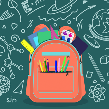 illustration of backpack with supplies and doodles of information