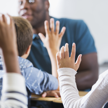 students hold up hands in class