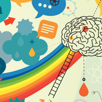 illustration of brain with thought bubbles, icons, and a bright rainbow