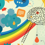 illustration of brain with thought bubbles, icons, and a bright rainbow