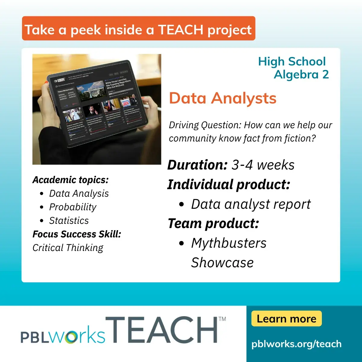 Data Analysts, Algebra 2 TEACH project