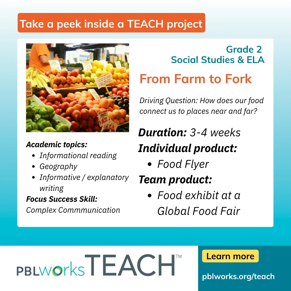 From Farm to Fork - PBLWorks TEACH grade 2 project